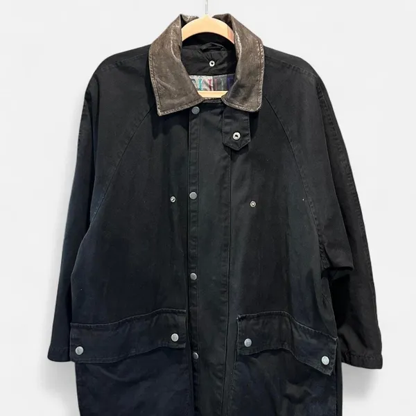 Vintage 90s Black Cotton Maxi Barn Jacket Leather Collar Oversized Small - Image 5