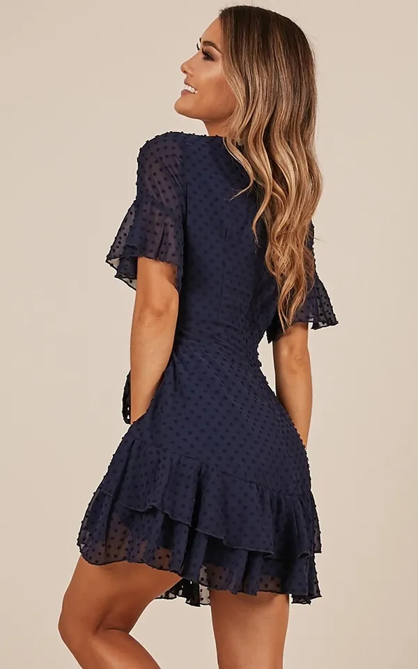 Showpo | NAVY KNOW WHAT YOU WANT DRESS SWISS DOTS RUFFLE SKIRT MINI SIZE 0 - Image 3
