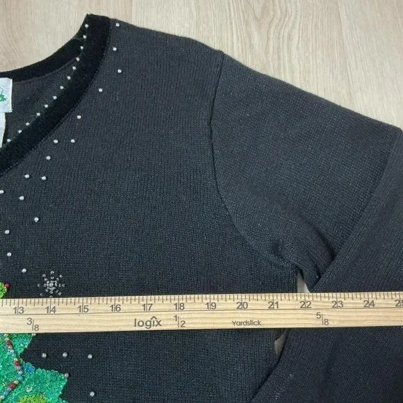 Quacker Factory Sequin Christmas Tree Sweater Womens Large Black Velvet Beaded - Image 4