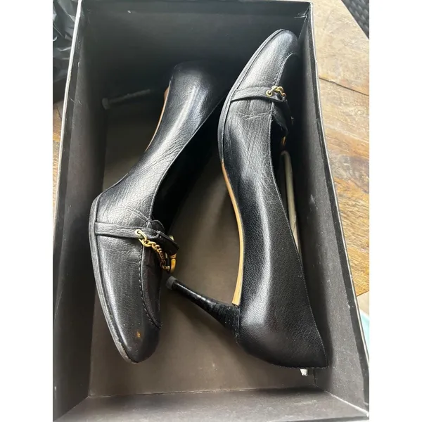 Vintage Y2K Gucci Hasler Black Leather Gold Horsebit Chain Loafer 8.5 39 Heels - Image 3