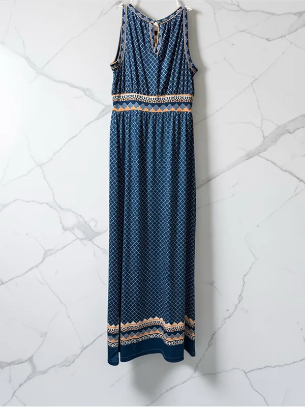 Blue Patterned Maxi Dress with Geometric Trim. Max Studio Size XS - Image 2
