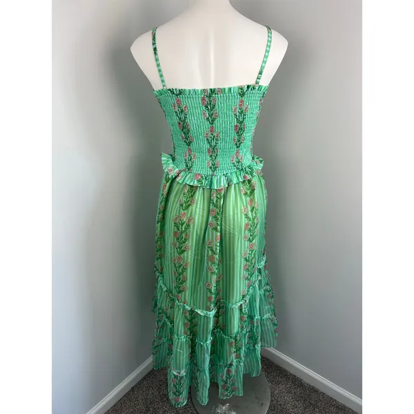 Women's Green Sheer Floral Ruched Tiered Ruffle Garden Party Whimsical Dress - Image 4