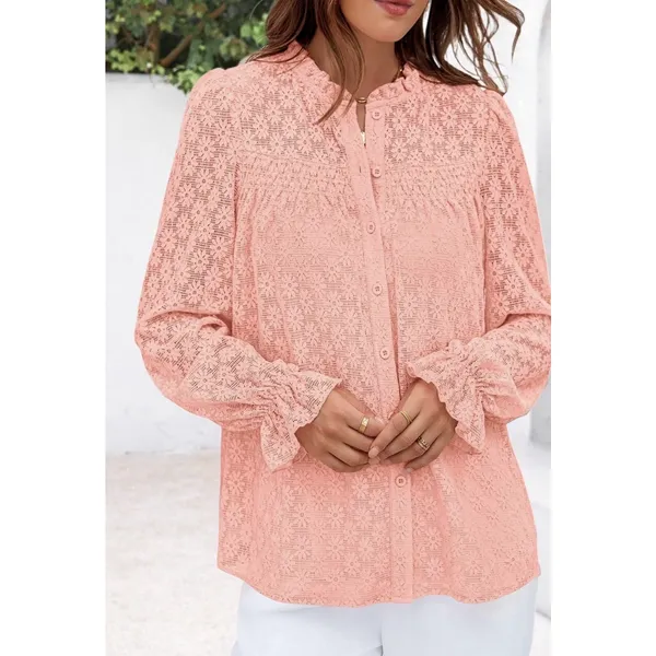PRETTYGARDEN Women's Lace Long Sleeve Button Down Blouse (Pink, S) - Image 2