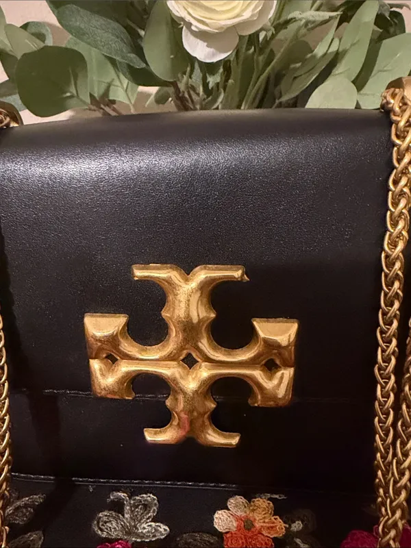 Tory Burch Black Leather Crossbody with Gold Logo Chain - Image 2