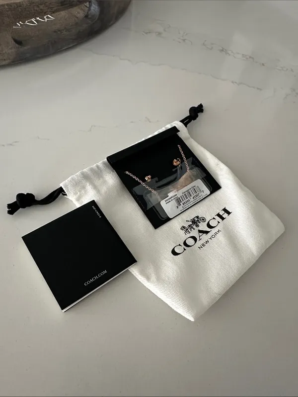 NEW Coach Open Circle‎ Necklace And Tea Rose Stud Earrings Set Rose Gold Jewelry - Image 4