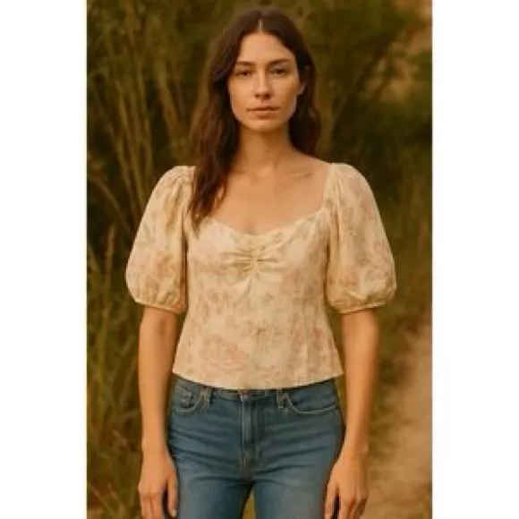 H&M vintage floral linen-blend puff sleeve top - Image 4