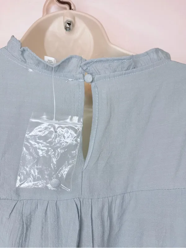 Mine Dusty Blue Lace Trim Blouse Short Sleeve Ruffle Neck Boho Women’s M - Image 14