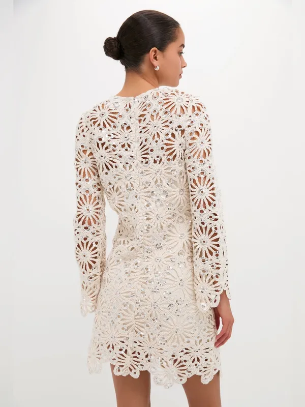 Hyacinth House Beige Sequined Crochet Carrie Mini Dress S - Image 4