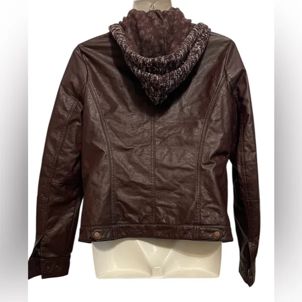 JouJou Juniors Jacket Vegan Faux Leather Knit Hood Motorcycle Jacket Size L - Image 2