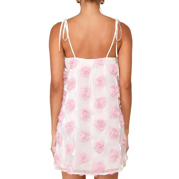 Lulus Size Medium Pink 3D Floral Rosette Mini‎ Dress Cream Tie Strap Babydoll - Image 2