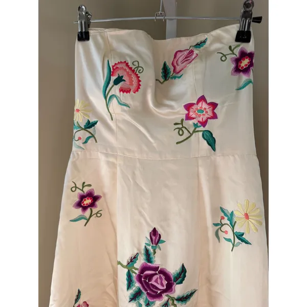 Tibi Strapless Floral Embroidered Silk Dress Cream Small - Image 9