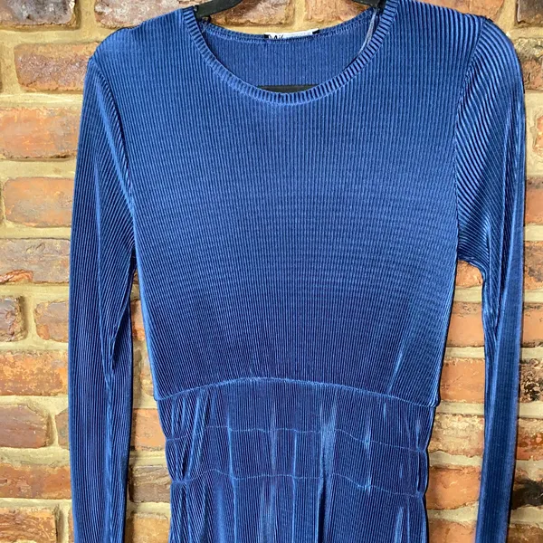 Zara Navy Blue Pleated Satin Long Sleeve Midi Dress Women's Size Medium - Image 3