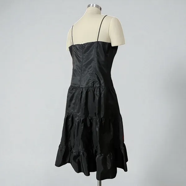 Niki By Niki Livas Vintage 80s Black Spaghetti Strap Crinkle Taffeta Tiered A Line Dress - Image 10