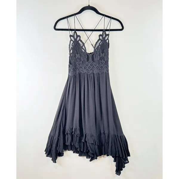 Free People Womens Dress Black Adella Mini Slip Strappy V Neck Flowy Fairy Small - Image 2