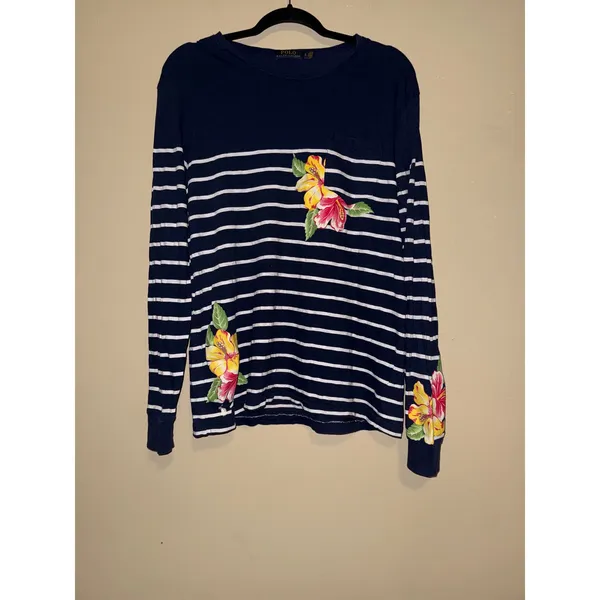 Polo Ralph Lauren Womens Navy Striped Floral Hibiscus Long Sleeve Top L Coastal - Image 2