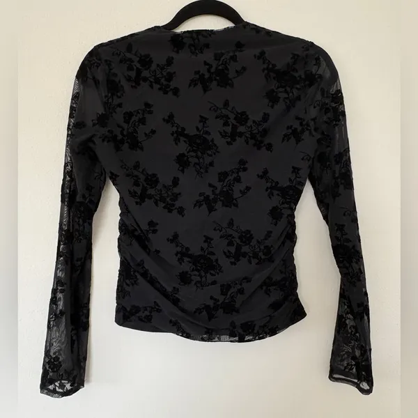 Abercrombie & Fitch Flocked Mesh Design Long Sleeve Black Beauty Floral Top - Image 4