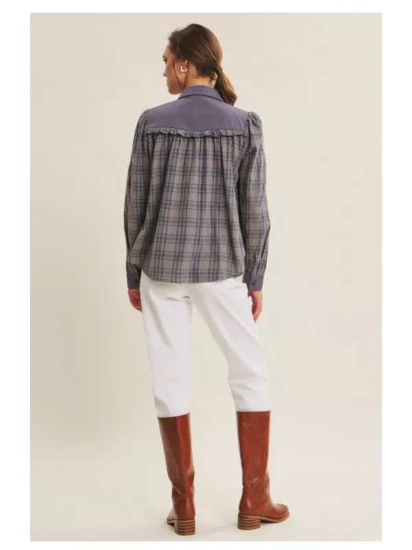 in february Moonlight Blue Plaid Mixed Media Ruffle Yoke Cotton Top Size M NWT - Image 2