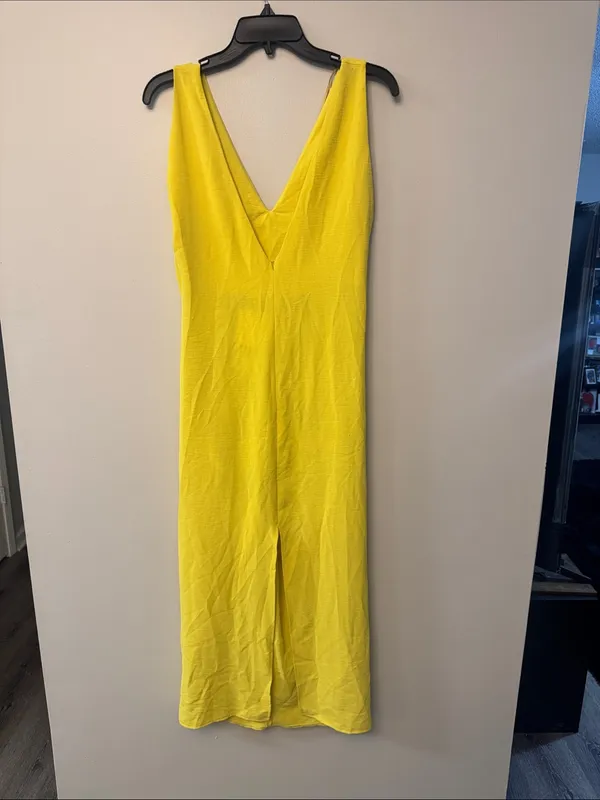 Zara V-Neck Yellow Ruched Midi Dress - Image 2