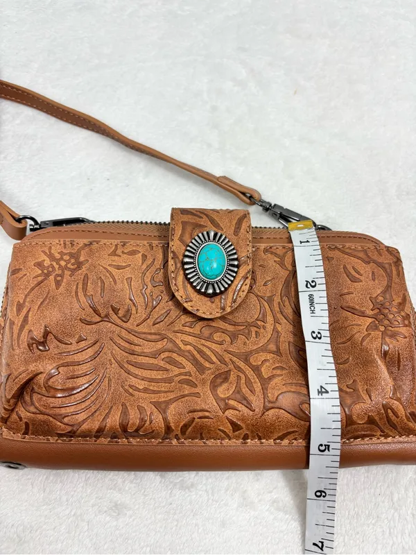 LAVAWA Tooled Brown Leather Crossbody Wallet with Turquoise Accent - Image 13