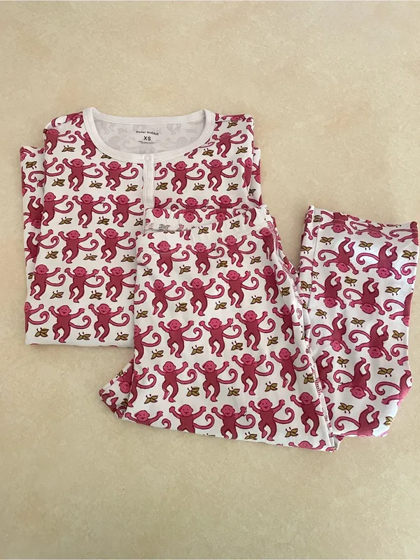 Roller Rabbit Monkey Top & Bottoms Pajamas Set Pink Red 100% Pima Cotton XS - Image 3