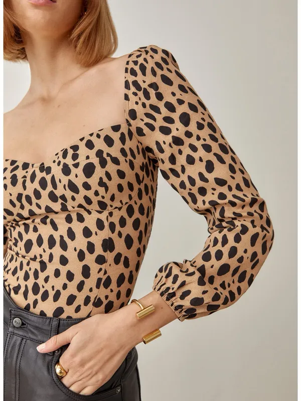 Reformation Reign Top Bobcat Animal Print Size 0 Tan Black Smocked - Image 2