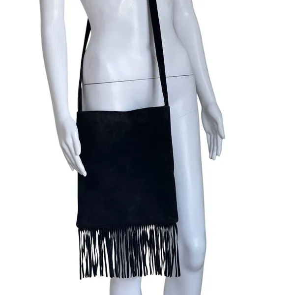 Black Suede Fringe Crossbody Bag Purse - Image 3