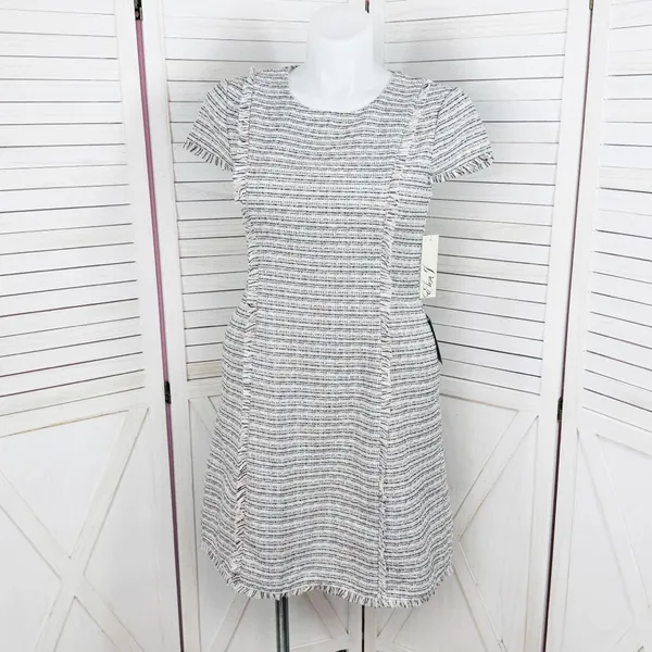 Eliza J Spring Tweed Fringe Hem Fit‎ Flare Dress White Pink Black Size 12 - Image 2