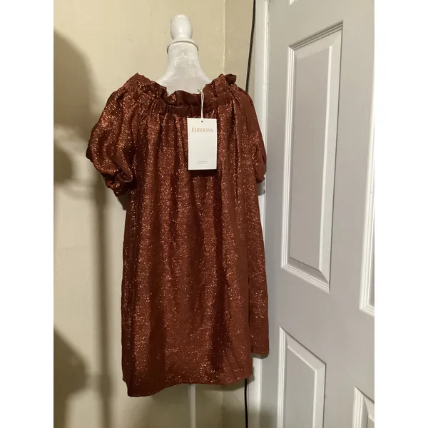 Sézane Editions Metallic Copper Off Shoulder Puff Sleeve Dress Rust Orange EU 38 - Image 5