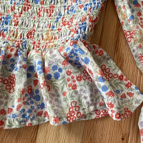 Japna Shirt Womens Medium White Blue Floral Print Puff Sleeve Smocked Ladies - Image 4