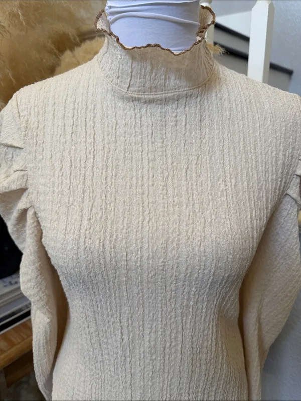 FREE PEOPLE Ela Mock Neck Puff Sleeve Blouse Beige Size Small - Image 3
