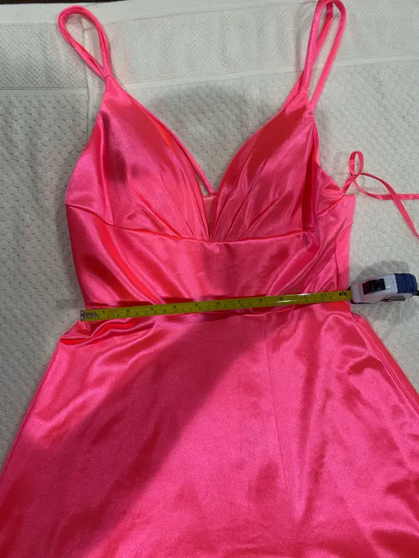 CINDERELLA DIVINE Satin V-Neck Spaghetti Strap Maxi Dress in Hot Pink - Image 4