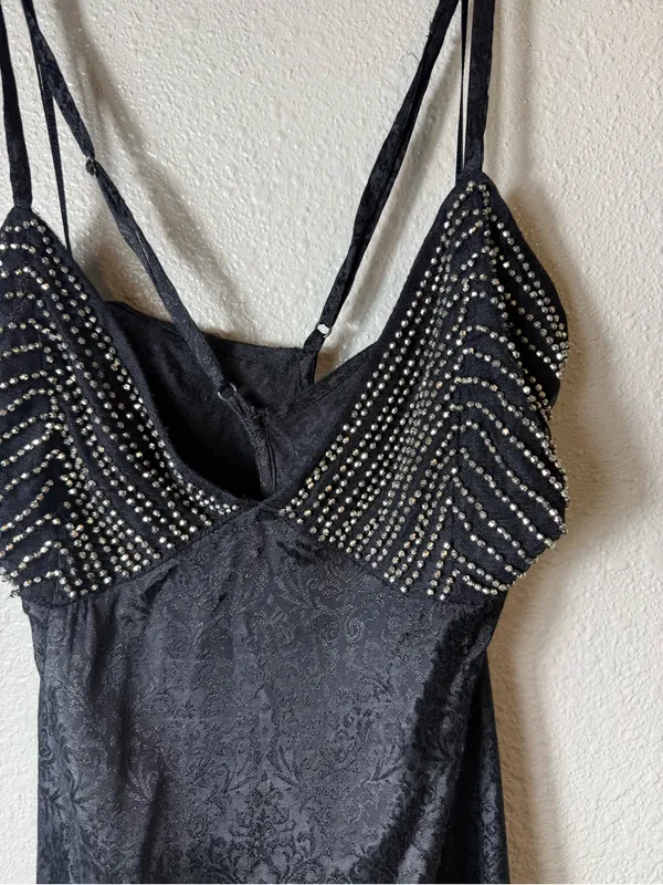 Free People Dress People Beaded Slip Mini Dress Black‎ Open Back Jacquard Size L - Image 5