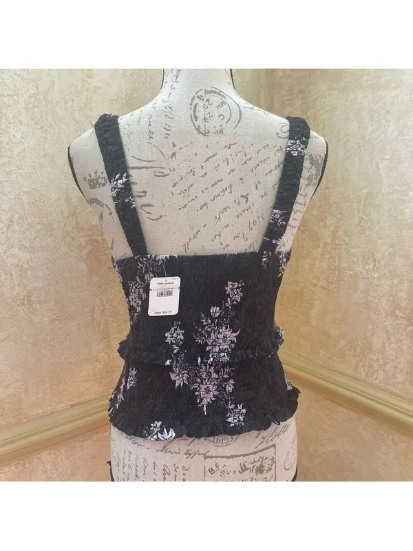 Free People Intimately Hannah Black Floral Print Smocked Cami Top Sz Large New - Image 5