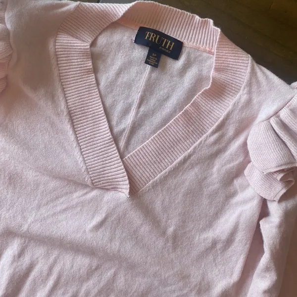 Truth by Republic pink ruffle shoulder v neck knit sweater‎ small pink powder - Image 2
