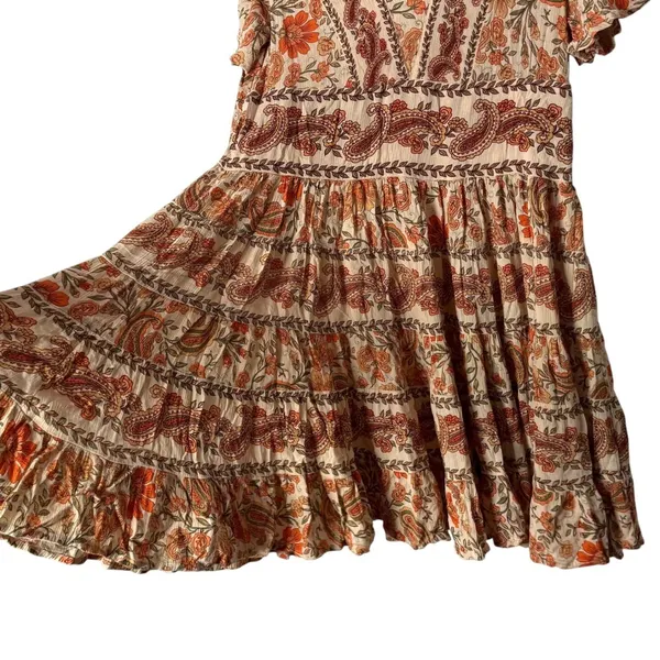 BOHO Paisley Babydoll Mini‎ Dress Size XS Orange Ruffle Festival Western Cottage - Image 5