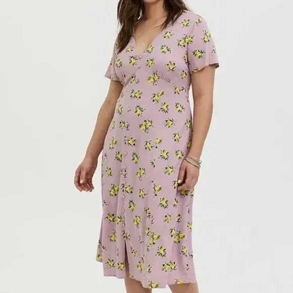 Torrid Floral Midi Dress Plus Size Mauve Lemon Print V Neck‎ Short Sleeve 0 12 - Image 3