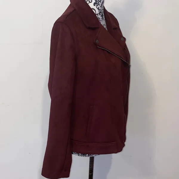 Like New! Old Navy Women's Burgundy Velour Faux Suede Moto Jacket Size Large - Image 7