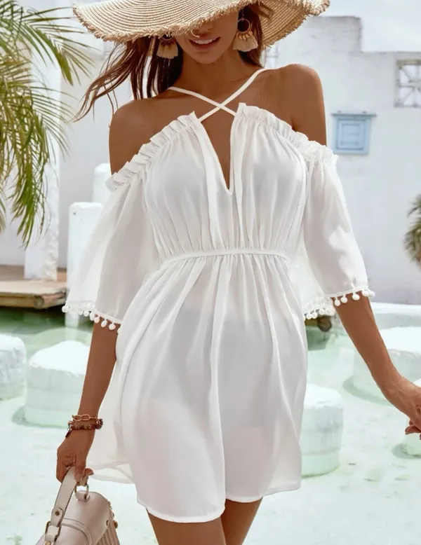 SheIn White Pom Pom Trim Cover-Up - Image 4