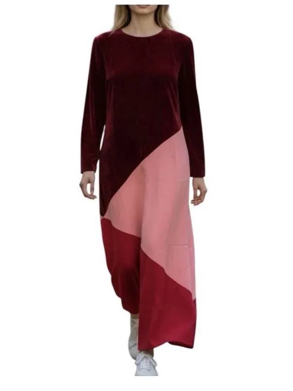 NWT Tuckernuck Red Multi Colorblock Velvet Silk Maxi Dress Medium Lagenlook - Image 2