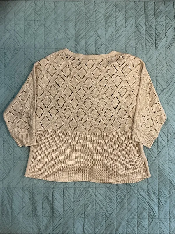 Marled Cream Openwork Diamond Knit Crewneck Sweater - Image 5