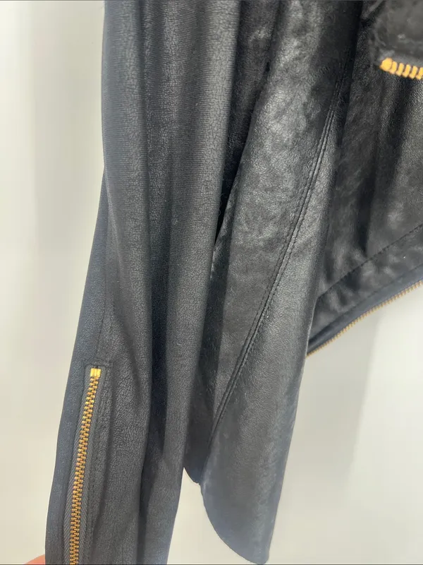 GEORGIE" black soft faux-fur metallic faux fur jacket hoodie Moto jacket - Image 3