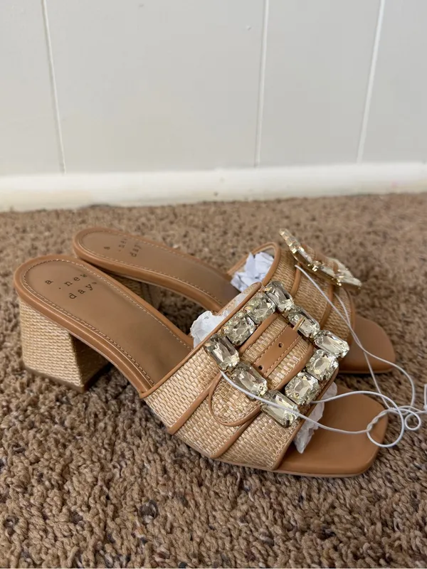 A New Day Rhinestone Buckle Block Heel 6.5 Slide Sandals Beige Women’s - Image 8