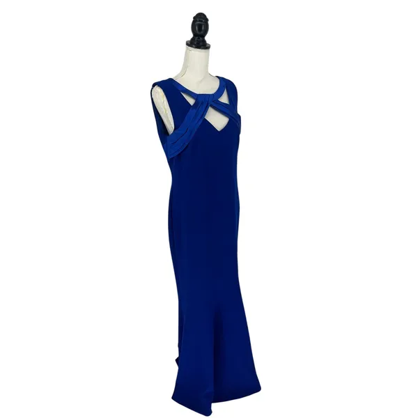 Theia Sleeveless Crepe Gown with Satin Crisscross in‎ Blue - Image 7