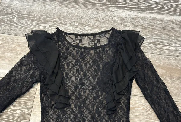 NWT SHEIN Sz S Sheer Black Lace Top w Ruffle Accents Cute! - Image 3