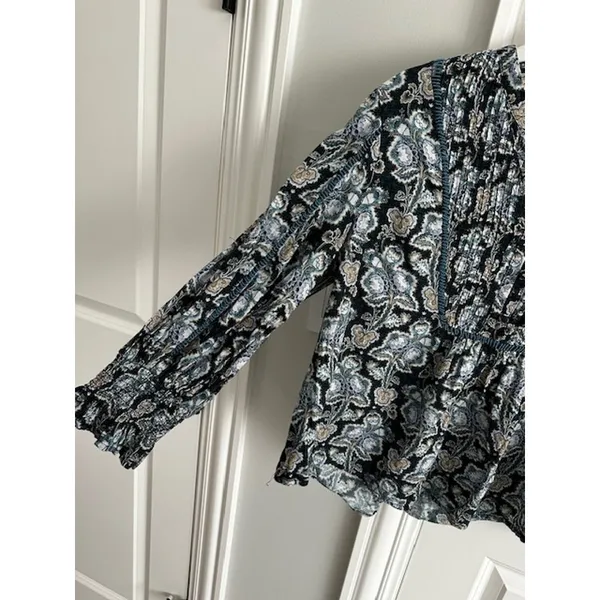 Anthropologie Floral Cotton Peasant Blouse Small Blue/Green - Image 4