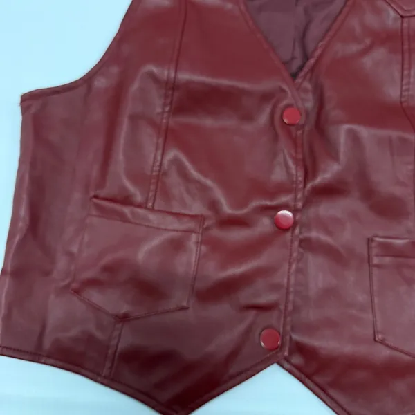 Burgundy Red Faux Leather Vest Button Front V-Neck Waistcoat with Pockets Large - Image 6