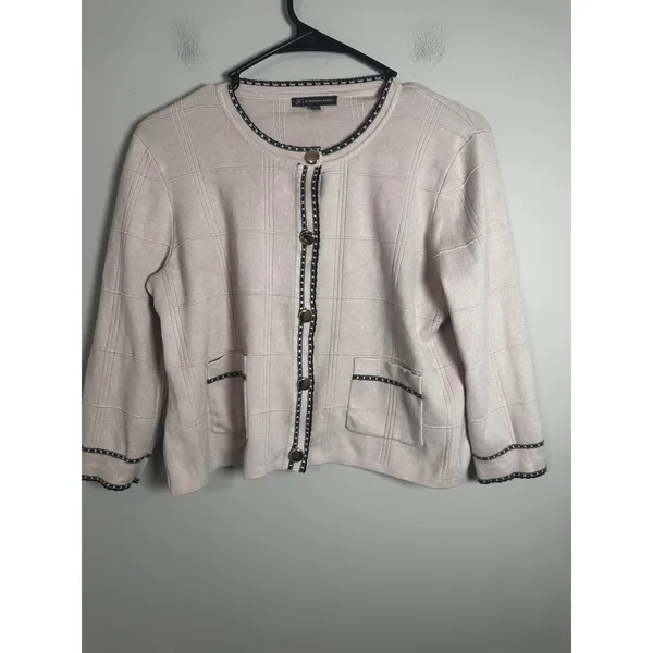 Adrianna Papell Tipped Button Front‎ Cardigan Champagne Blush Black Small - Image 2