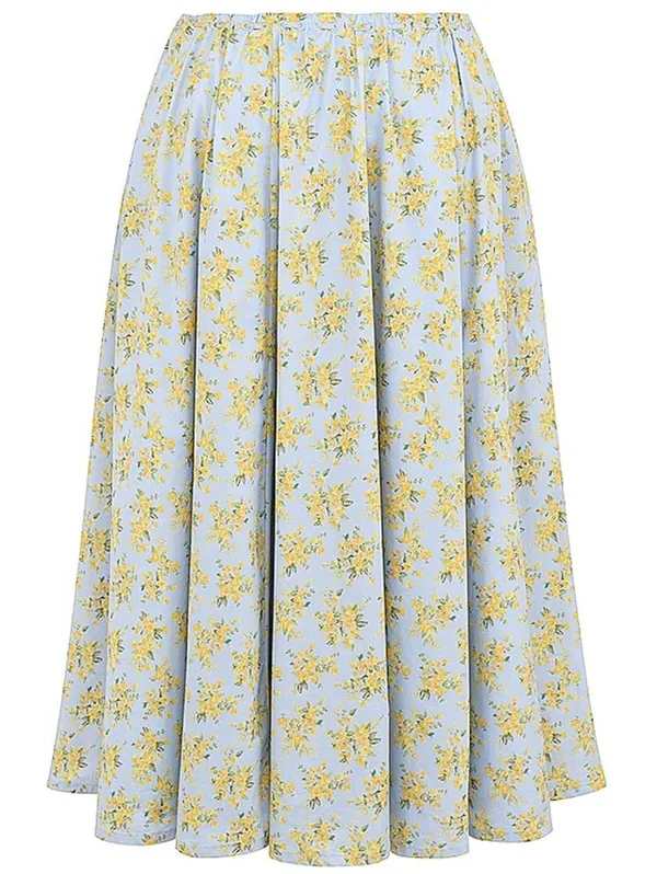 House of CB Cora Gathered Lace-Up Cotton Midi Skirt Soft Blue Vintage Floral - Image 4