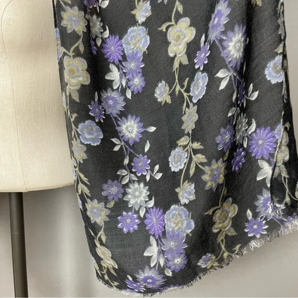 Vivante Scarf Floral Gray Gauzy Viscose Wool‎ FLAWS NWT Raw Edge Fringe Boho - Image 6