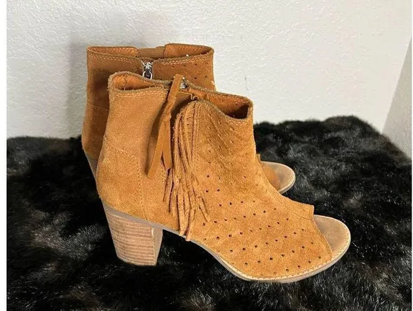TOMS Majorca Cinnamon Brown Open Peep Toe Fringe Booties 301215 Women's Size 9 - Image 2